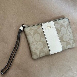 Coach Corner Zip Wristlet in Tan Signature Canvas & Cream Trim Wristlet 6” by 4”